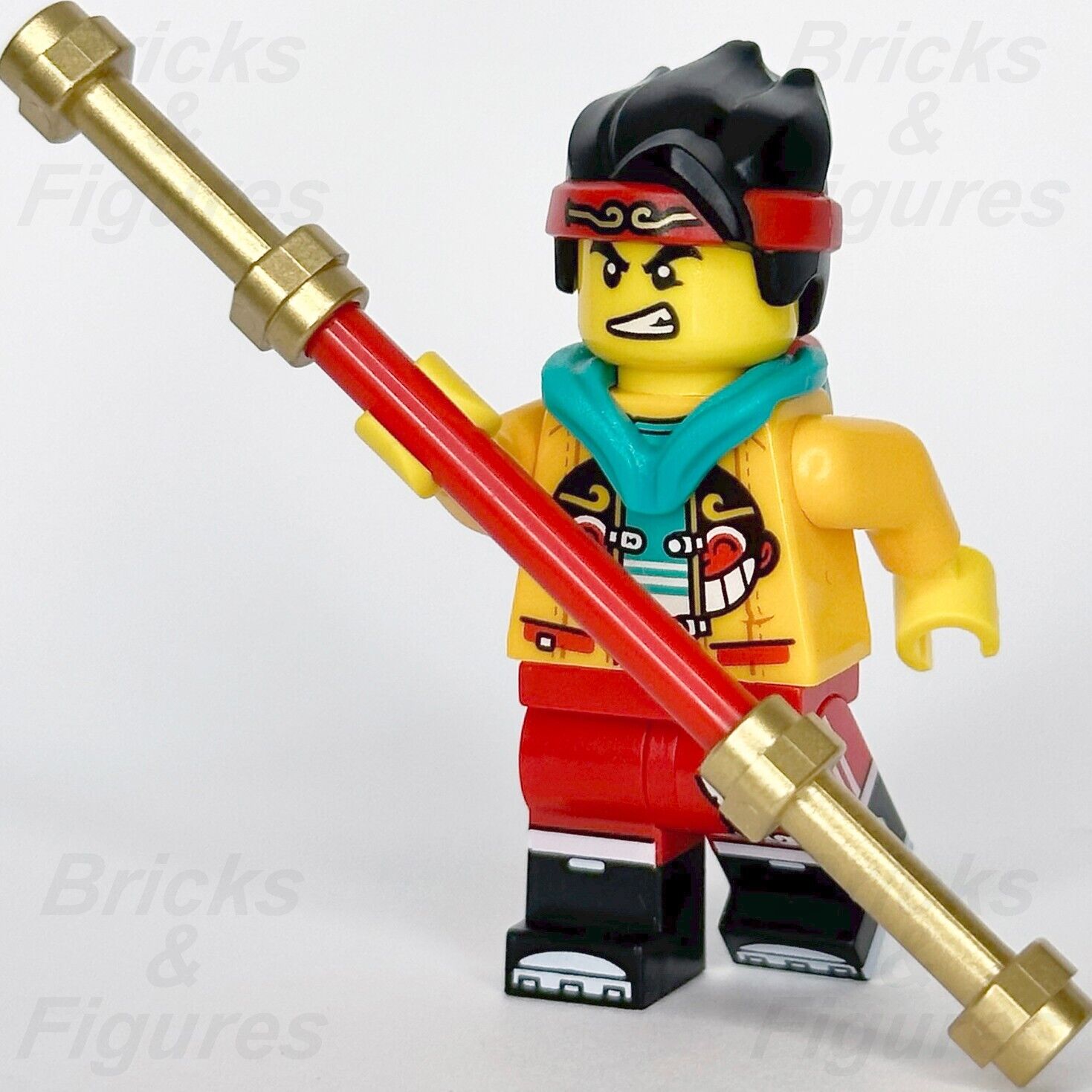 LEGO Monkie Kid Minifigure with Staff Blue Hood Monkey Head Logo 80023 mk053 - Bricks & Figures