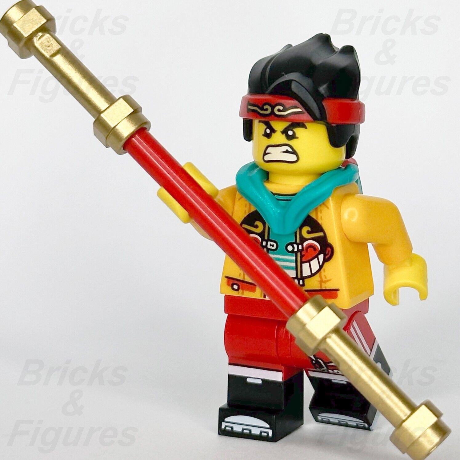 LEGO Monkie Kid Minifigure with Golden Staff Blue Hood Monkey Logo 80018 mk038 - Bricks & Figures